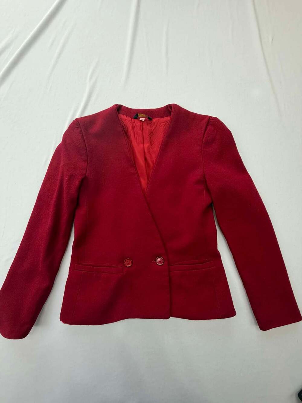 Vintage Courtney Rhodes Red Wool Collarless Double-Breasted Blazer Size 6